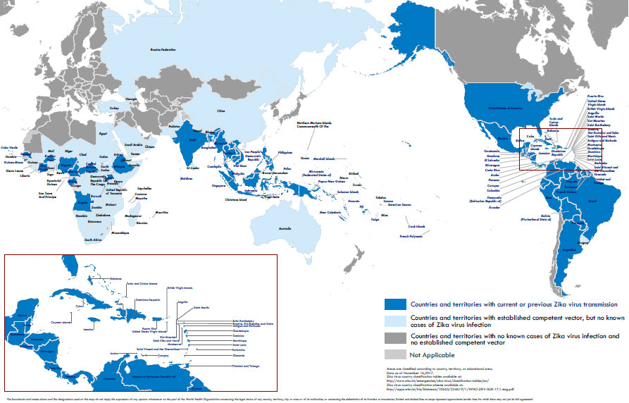 Carte indiquant la présence du virus zika dans le monde